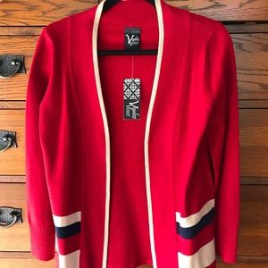New with tags red beige and navy cardigan